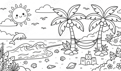 Fotografía Kids tropical beach coloring sheet with palm trees and ocean vector art