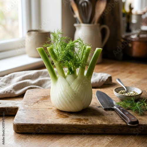 Fresh fennel bulb with fronds on wooden cutting board in natural kitchen light