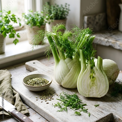 Fresh fennel bulbs with fronds on rustic wooden board in natural light kitchen setting