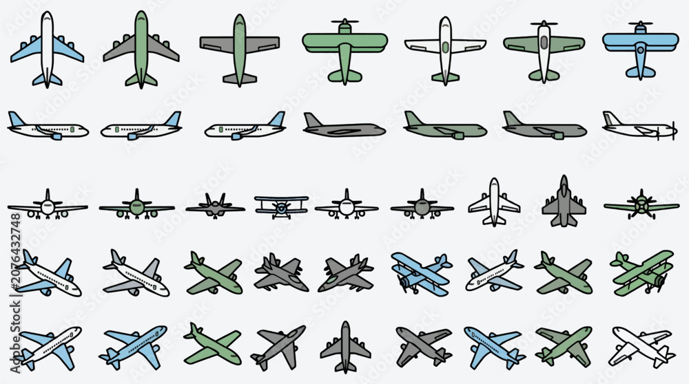 Fototapeta premium Flat Vector Icon Set of Various Airplanes, Including Passenger Jets, Biplanes, and Fighter Jets, Arranged in a Grid on a Light Gray Background, Graphic Resource Collection