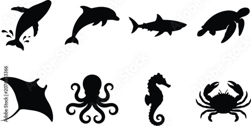 Collection of sea animal silhouettes including whale dolphin shark turtle octopus and crab isolated on white background