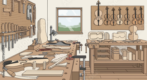 Fotografie Luthier Workshop: Violin Making Tools, Wood and Instruments