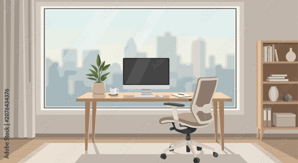 Fototapeta premium Modern Home Office with City View Desk, Computer, Chair, and Bookshelf