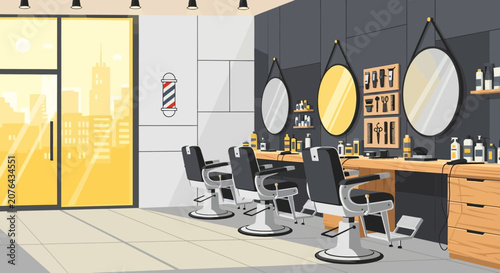 Fotografie Modern Barber Shop Interior with Chairs and Mirrors, City View