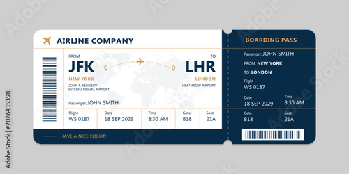 Realistic illustration of airplane ticket boarding pass with passenger name and destination. Concept of travel, journey or business trip.