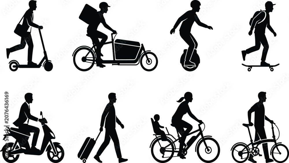Fototapeta premium Eco Friendly Urban Transport And Micro Mobility Black Silhouette Icon Set For Modern City Lifestyle Graphics