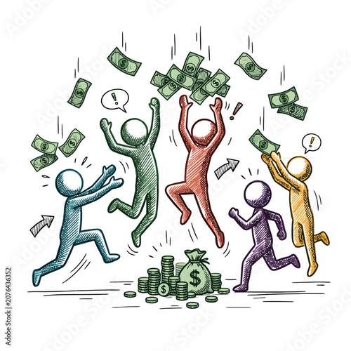 Bilde på lerret Colorful stick figures celebrate success with falling paper money