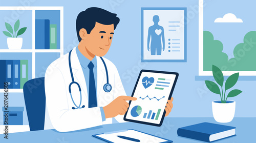 Clean flat vector illustration on a light office background showing a doctor reviewing health analytics on a tablet for telemedicine and clinic promotions.