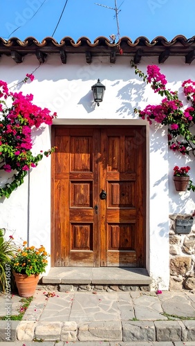Traditional wooden door with vibrant bougainvillea flowers.