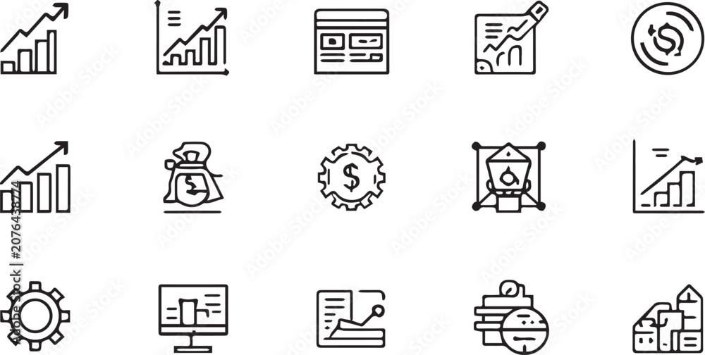 Fototapeta premium Business and financial growth line icon set financial analytics growth graph dollar and investment concept vector line icons.
