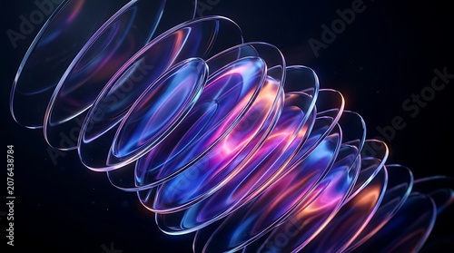 Abstract 3d render of stacked glowing glass discs with blue and purple light