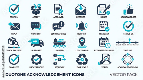 Detailed graphic illustration set of various acknowledgement icons in duotone style for business applications and software interface design