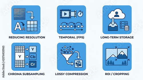 The graphic illustrates concepts of data processing and storage.