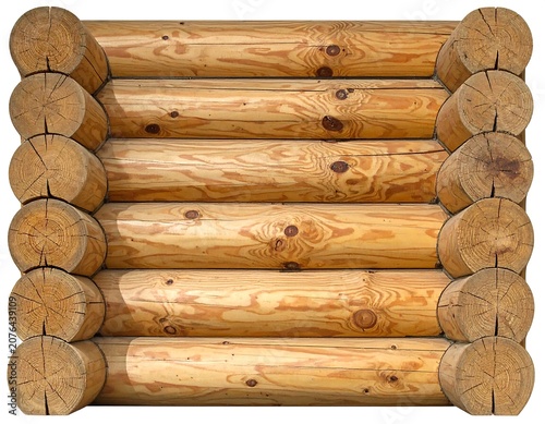 Rustic wooden log bench with decorative carved ends.