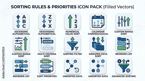 Business icons depict sorting rules and priorities in a professional office environment with charts and graphs.