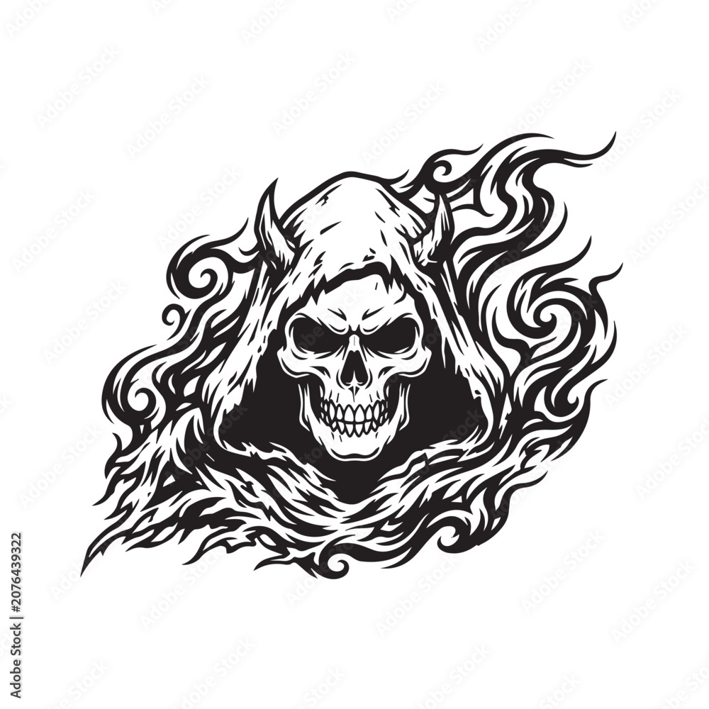Fototapeta premium Black and white illustration of a horned skull in a hood surrounded by smoke.