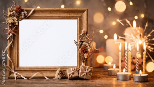 Blank Wooden Photo Frame with Candles and Dried Flowers for Birthday or Celebration Mockup