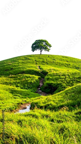 Serene landscape with solitary tree on rolling green hills.