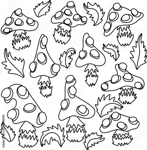 Fly Agaric Mushroom Coloring Page with Forest Leaves