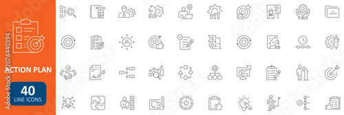 Action plan line icons set with Schedule, plan, implementation, strategy, analysis, collaboration, check, and strategic business processes concepts. Editable stroke vector collection.