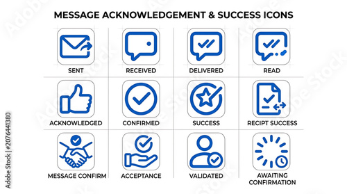 A graphic illustration of various message acknowledgement and success icons on a digital interface.