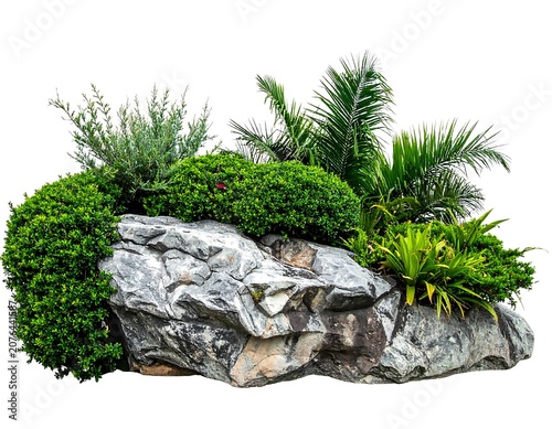 Tropical garden landscape with rocks and greenery.