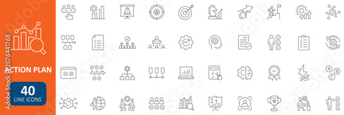 Action plan line icons set with Schedule, plan, implementation, strategy, analysis, collaboration, check, and strategic business processes concepts. Editable stroke vector collection.