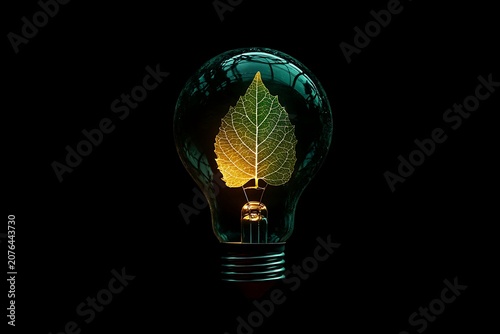 A glowing green leaf inside a light bulb representing sustainable energy