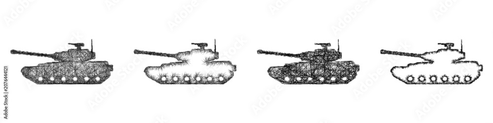 Obraz premium Black and white sketch tank silhouette icon design set