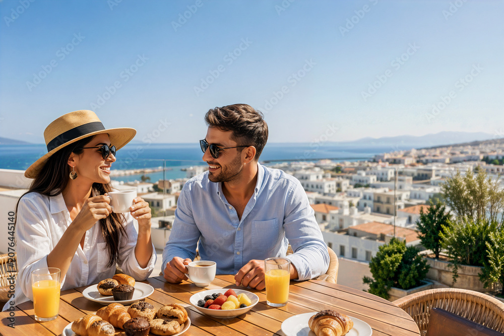 Fototapeta premium A man and woman enjoy breakfast and coffee on a sunny rooftop terrace with a scenic view of white architecture and the sea.
