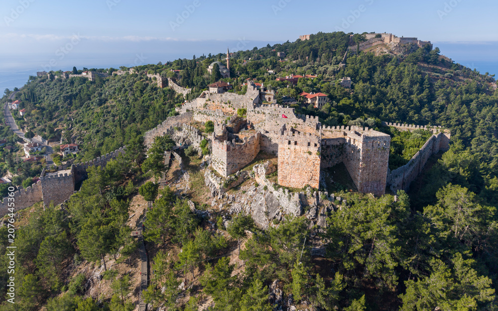 Naklejka premium Alanya Castle and Historic Seljuk Shipyard Aerial Panorama on Mediterranean Coast, Antalya, Turkey