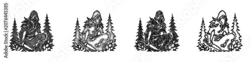 Foto Black and white sketch forest assassin icon design set
