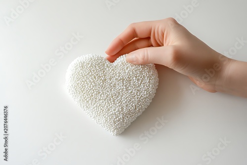 A hand holding a heart shape made of small white beads isolated on white background