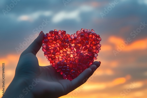 Hand holding a heart shape made of pomegranate seeds against a sunset sky