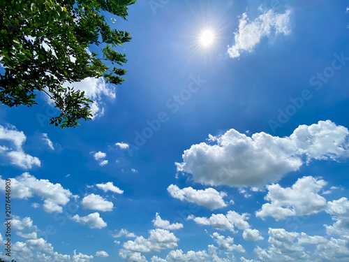 Bright sunny blue sky with fluffy white clouds, radiating sunburst, and green leaves frame.
