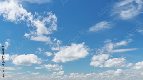 Time lapse video of fluffy white cumulus clouds drifting through a clear blue sky background, creating a peaceful and airy atmosphere with natural sunlight and soft textures