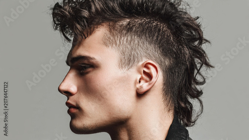 Fashionable young man with modern mullet fade hairstyle in editorial studio portrait