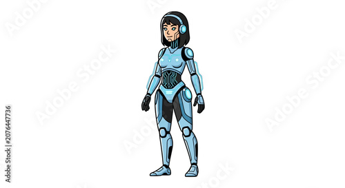 Futuristic female cyborg in blue powered armor