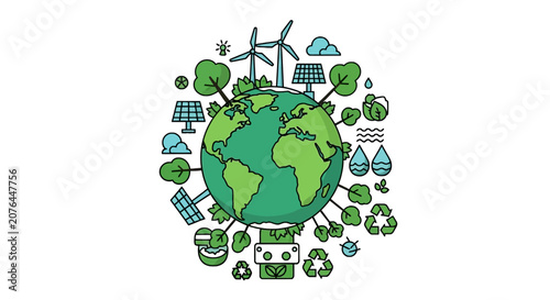 Green planet earth with renewable energy and ecology symbols