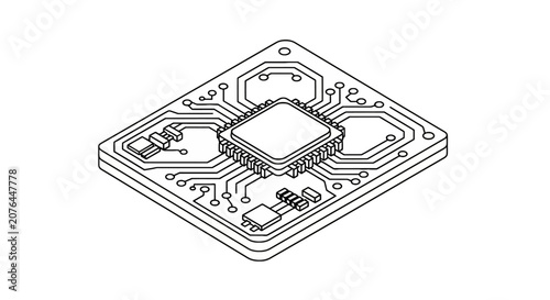 Isometric computer processor and circuit board line drawing