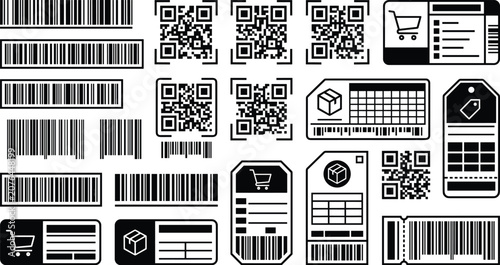 Black and white barcode QR code shipping label vector set