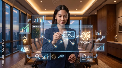 Professional businesswoman interacting with digital global expansion roadmap interface