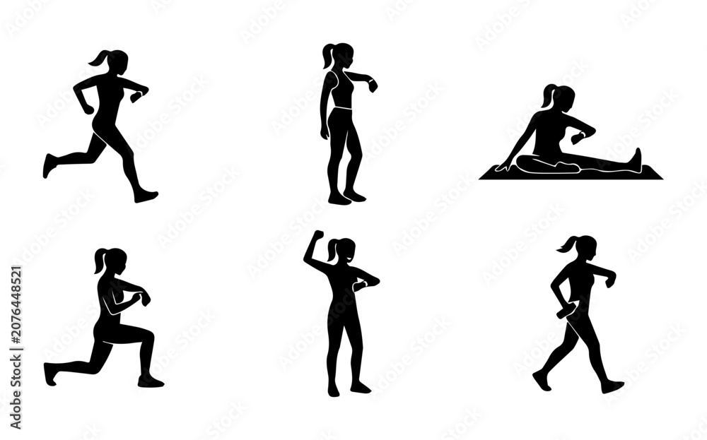 Obraz premium Fitness Woman Silhouette Icons, Active Lifestyle Poses, Exercise Set Vector Graphics