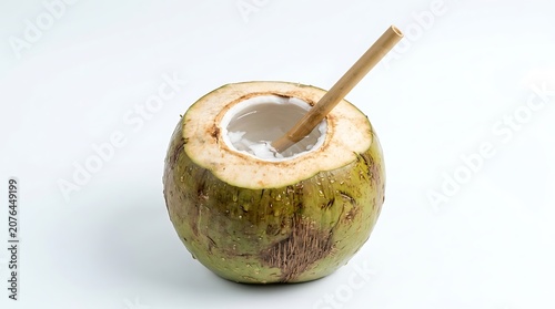 Coconut with a wooden spoon inserted.