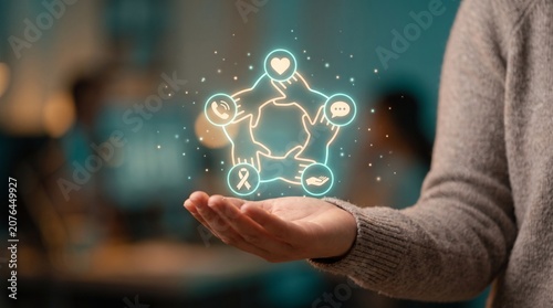 Closeup of a person holding a glowing digital hologram of a circle of hands with icons representing support, communication, and care, symbolizing community, charity, and social assistance