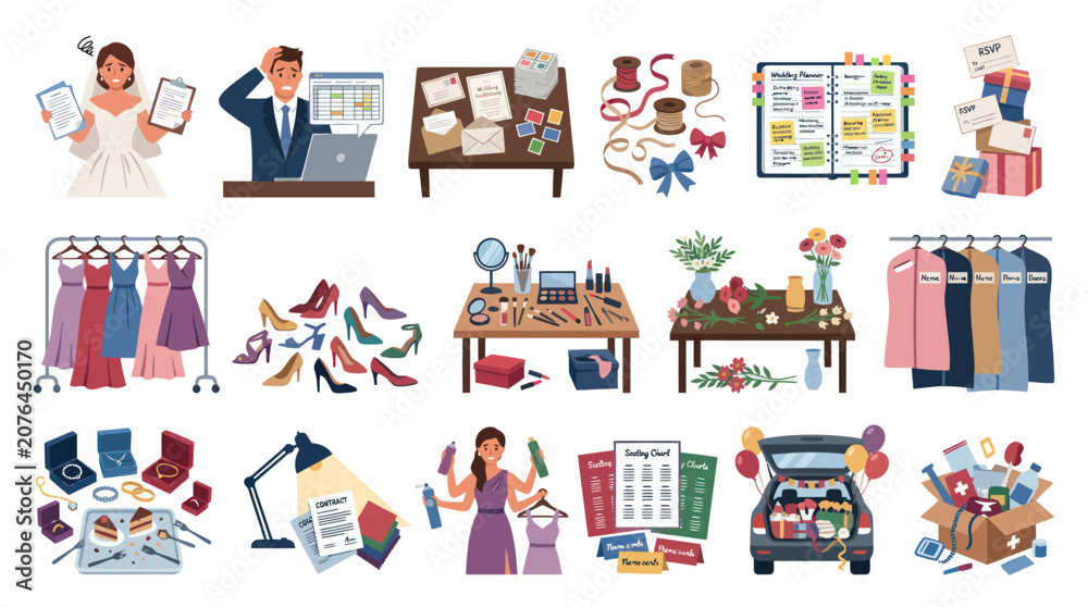 Naklejka premium Wedding Planning Flat Vector Illustration Set. Icons of Bride, Groom, Dresses, Gifts Event Preparations.
