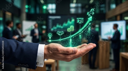 Businessman holding glowing green holographic growth chart with startup icons like lightbulb, handshake, coins, and unicorn concept of business success, venture capital, and investment