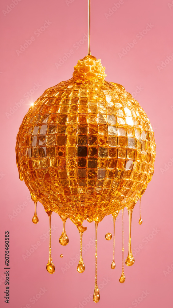 Fototapeta premium Surreal food art of a melting disco ball made of fresh honeycomb dripping with golden honey.