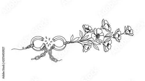 Broken handcuffs transforming into a delicate floral branch line art.
