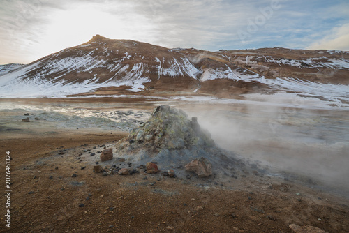 Canvastavla Geothermal Hverir area with steaming fumaroles in Iceland